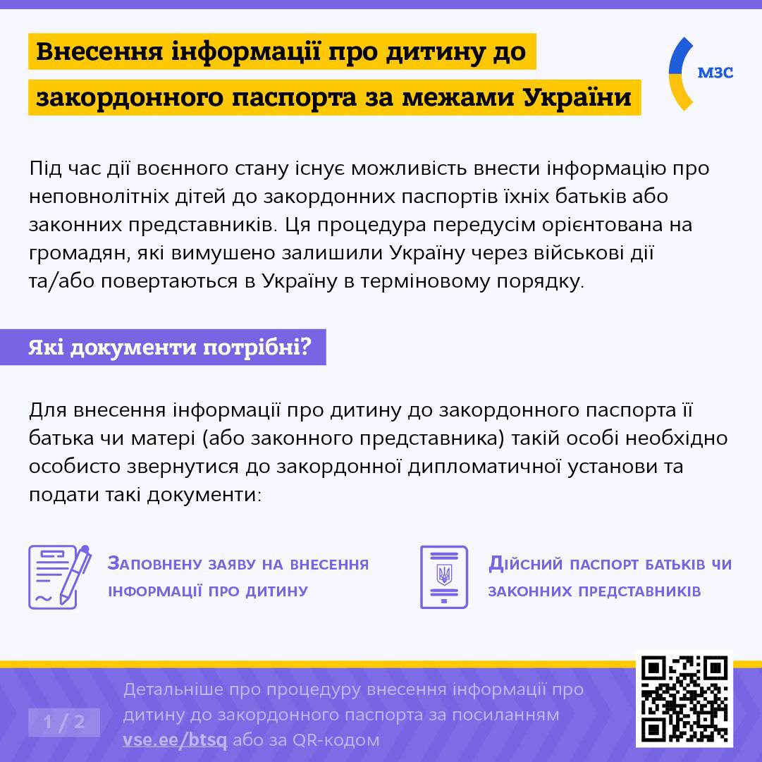 Міністерство закордонних справ пояснює, українцям внести інформацію про дитину до закордонного паспорта за межами України